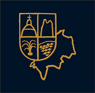 golden logo on blue background